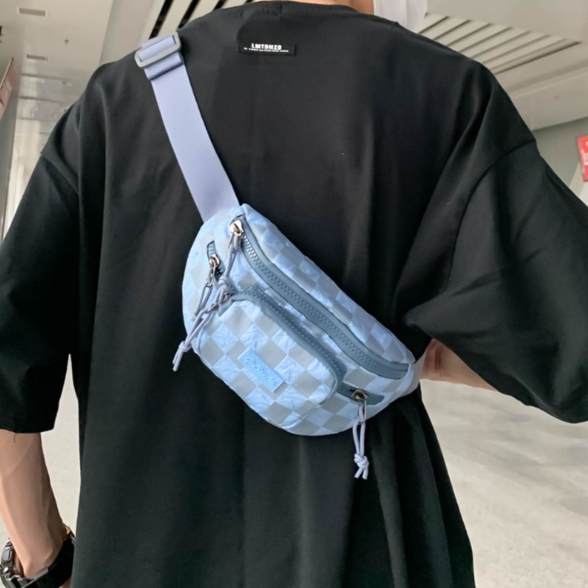 Checkered Adjustable Strap Nylon Crossbody Bag