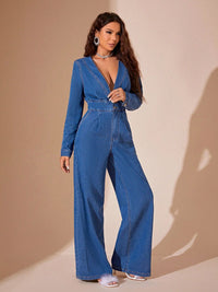 Thumbnail for Plunge Long Sleeve Wide Leg Denim Jumpsuit