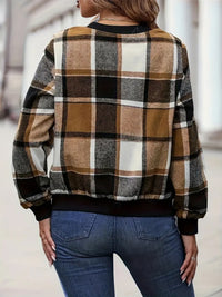 Thumbnail for Plus Size Plaid Baseball Collar Zip Up Jacket