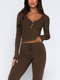 Thumbnail for V-Neck Long Sleeve Top and Pants Set