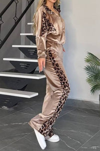 Thumbnail for Full Size Collared Neck Leopard Zip Up Top and Pants Set Plus Size