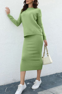 Thumbnail for Round Neck Dropped Shoulder Top and Skirt Sweater Set