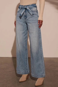 Thumbnail for Tied Wide Leg Jeans with Pockets