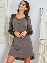 Thumbnail for Lace Detail Long Sleeve Mini Lounge Dress