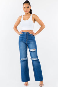 Thumbnail for American Bazi High Waist Distressed Wide Leg Jeans