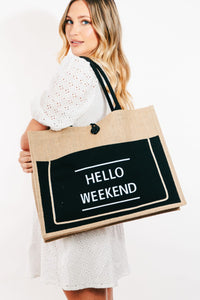 Thumbnail for Fame Hello Weekend Burlap Tote Bag