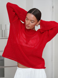 Thumbnail for Round Neck Long Sleeve Knit Cover Up