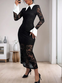 Thumbnail for Perfee Lace Contrast Collared Neck Long Sleeve Midi Dress