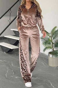 Thumbnail for Full Size Collared Neck Leopard Zip Up Top and Pants Set Plus Size