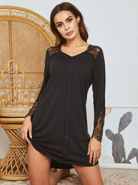 Thumbnail for Lace Detail Long Sleeve Mini Lounge Dress