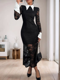 Thumbnail for Perfee Lace Contrast Collared Neck Long Sleeve Midi Dress