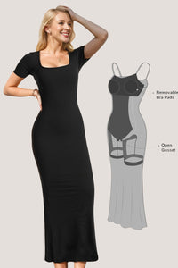 Thumbnail for Basic Bae Built-In Shapewear Square Neck Short Sleeve Maxi Dress