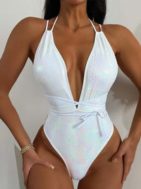 Thumbnail for Tied Sequin Plunge One-Piece Swimwear