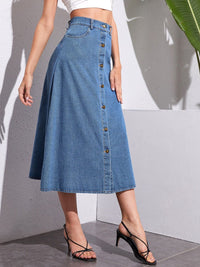 Thumbnail for Buttoned Midi Denim Skirt with Pockets