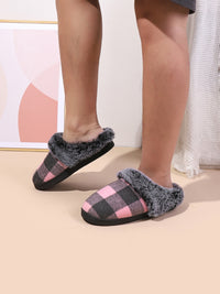 Thumbnail for Plaid Furry Round Toe Flat Slippers