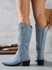 Thumbnail for Embroidered Point Toe Block Heel Boots