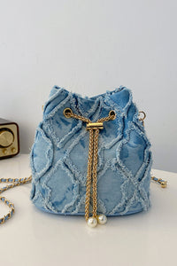 Thumbnail for Chain Drawstring Raw Edge Denim Bucket Bag