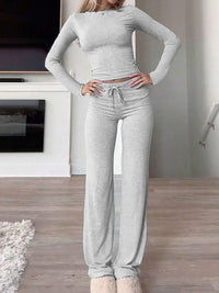 Thumbnail for Round Neck Long Sleeve Top and Drawstring Pants Set