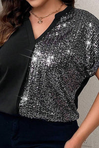 Thumbnail for Plus Size Sequin Notched Short Sleeve T-Shirt