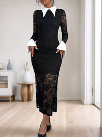 Thumbnail for Perfee Lace Contrast Collared Neck Long Sleeve Midi Dress