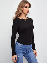 Thumbnail for Backless Round Neck Long Sleeve T-Shirt
