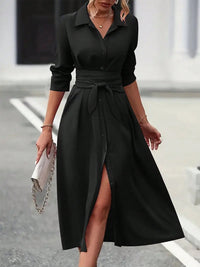 Thumbnail for Collared Neck Long Sleeve Midi Shirt Dress