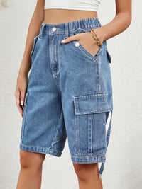 Thumbnail for Buttoned Elastic Waist Denim Shorts with Pockets