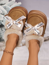 Thumbnail for Bow Suede Platform Plush Slippers