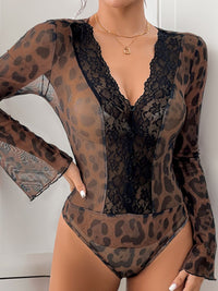 Thumbnail for Perfee Leopard V-Neck Lace Bodysuit