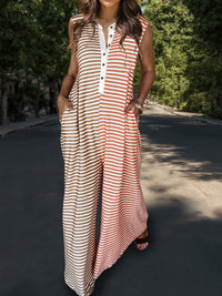 Thumbnail for Striped Half Button Cap Sleeve Jumpsuit