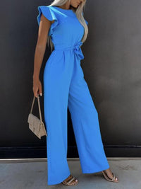 Thumbnail for Ruffled Round Neck Cap Sleeve Jumpsuit