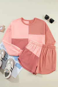 Thumbnail for Color Block Round Neck Top and Shorts Set