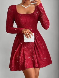 Thumbnail for Backless Glitter Square Neck Long Sleeve Mini Dress