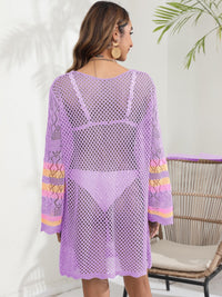 Thumbnail for Openwork Contrast Long Sleeve Cover-Up