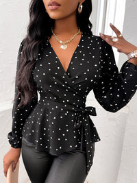 Thumbnail for Heart Print Surplice Balloon Sleeve Blouse