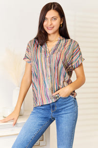 Thumbnail for Double Take Multicolored Stripe Notched Neck Top