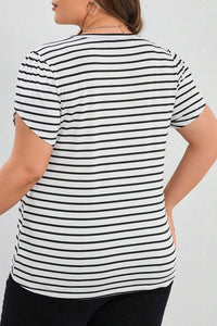 Thumbnail for Plus Size Striped V-Neck Short Sleeve T-Shirt