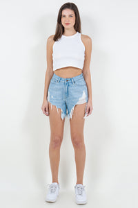 Thumbnail for American Bazi High Waist Fringed Hem Denim Shorts