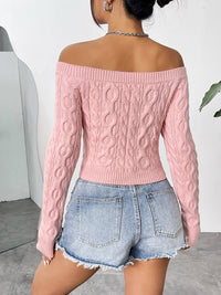 Thumbnail for Cable-Knit Off-Shoulder Long Sleeve Knit Top