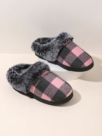 Thumbnail for Plaid Furry Round Toe Flat Slippers