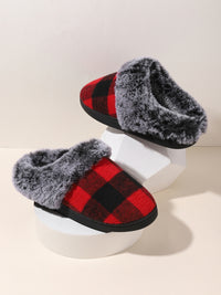 Thumbnail for Plaid Furry Round Toe Flat Slippers