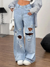 Thumbnail for Distressed Wide Leg Jeans with Pockets