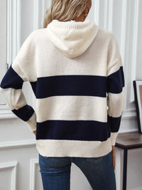 Thumbnail for Drawstring Contrast Stripe Dropped Shoulder Hooded Sweater