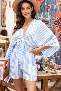 Thumbnail for Tied Striped Three-Quarter Sleeve Romper