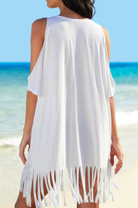 Thumbnail for Fringe V-Neck Cold Shoulder Cover Up