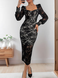 Thumbnail for Perfee Lace Sweetheart Neck Long Sleeve Midi Dress