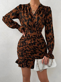 Thumbnail for Ruched Ruffled Leopard Surplice Long Sleeve Dress