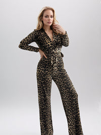 Thumbnail for Full Size Leopard Tie Waist Long Sleeve Jumpsuit Plus Size