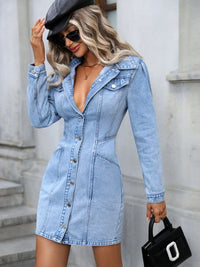 Thumbnail for Collared Neck Button Up Denim Dress