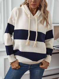 Thumbnail for Drawstring Contrast Stripe Dropped Shoulder Hooded Sweater